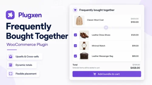 Plugxen Frequently Bought Together WooCommerce plugin feature image showing a product bundle layout with upsells, dynamic totals, and an add bundle to cart button.
