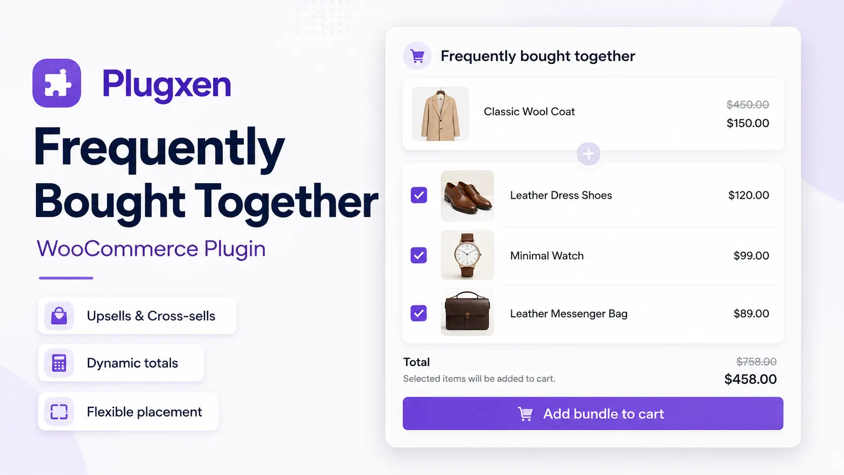 Plugxen Frequently Bought Together WooCommerce plugin feature image showing a product bundle layout with upsells, dynamic totals, and an add bundle to cart button.