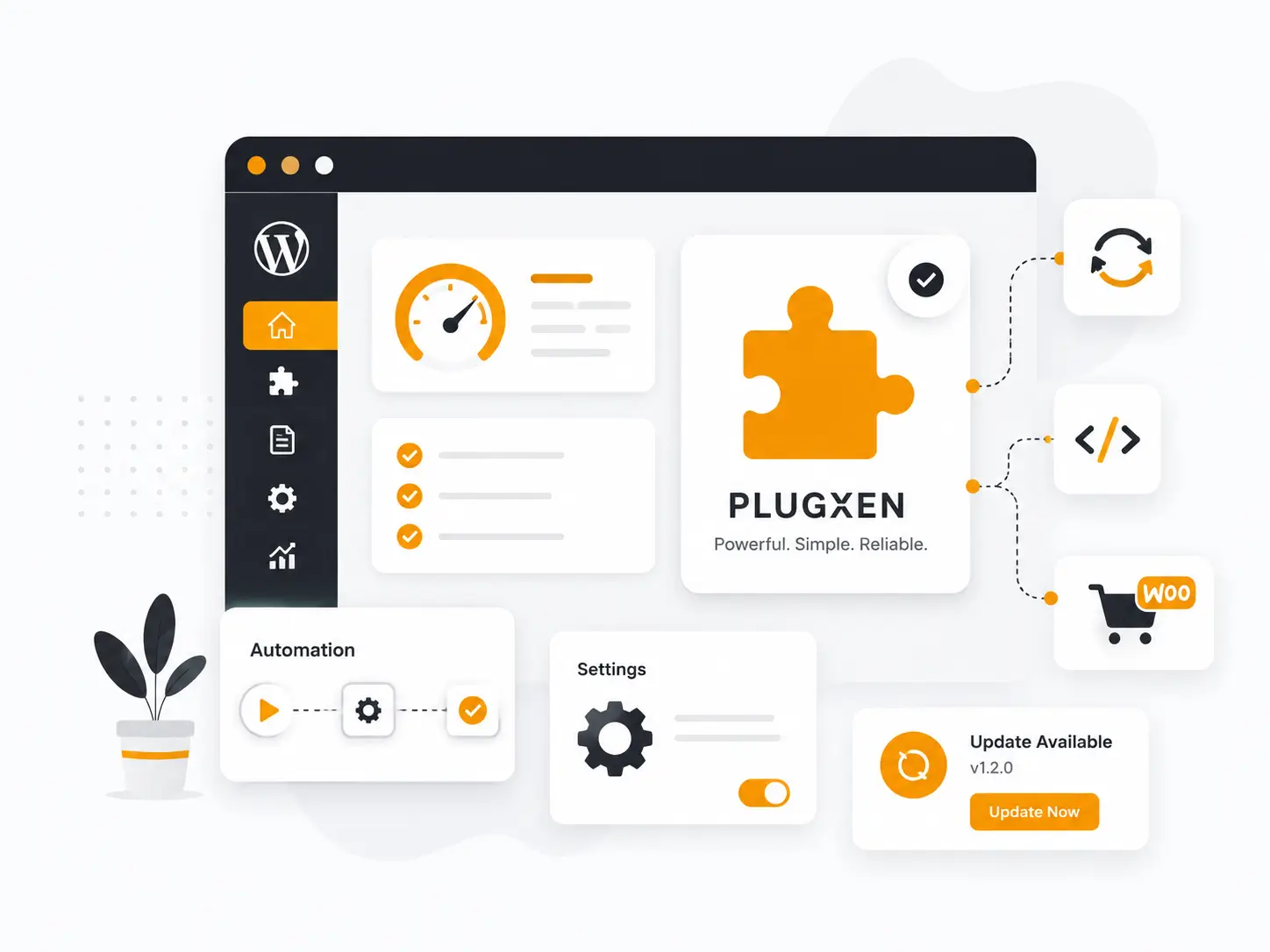 Illustration of a Plugxen WordPress plugin dashboard with orange, black, and white branding, showing plugin management, automation, settings, updates, WooCommerce tools, and coding workflow elements in a clean modern interface.
