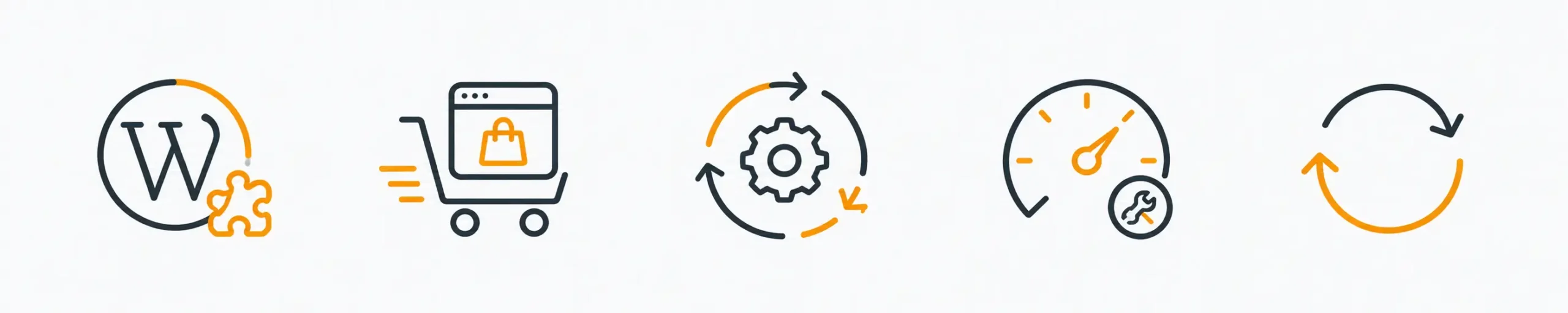 Row of five black-and-orange line icons representing WordPress tools, WooCommerce, automation, performance, and updates on a light gray background.